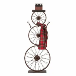 Glitzhome Metal Bike Wheel Snowman with Plaid Scarf Porch Decor - 1103203409 - Porch Seasonal Decor