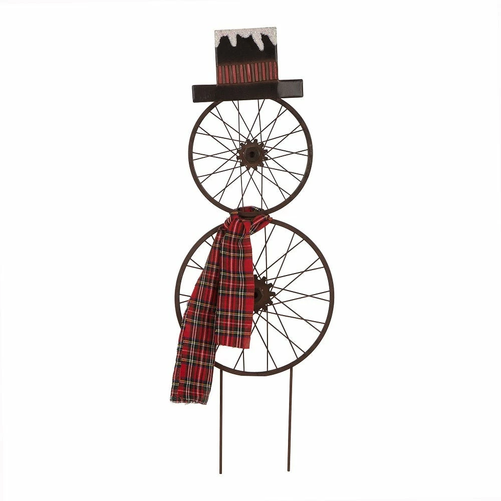 Glitzhome Metal Bike Wheel Snowman with Plaid Scarf Yard Stake or Wall Decor - 1103202625 - Yard Decor 3 Glitzhome Metal Bike Wheel Snowman with Plaid Scarf Yard Stake or Wall Decor - 1103202625 - Yard Decor