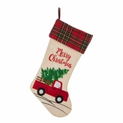 Glitzhome Embroidered Linen Christmas Red Truck Stocking - 1113203054 - Christmas Stockings
