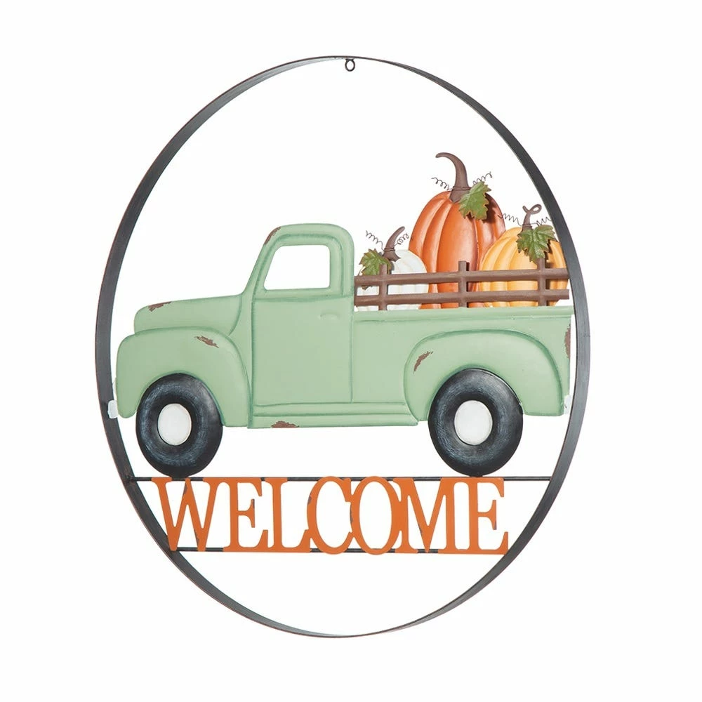 Glitzhome 22" Round Metal Truck Pumpkin Hanger - JKC02302 - Porch Seasonal Decor 6 Glitzhome 22" Round Metal Truck Pumpkin Hanger - JKC02302 - Porch Seasonal Decor - Image 4