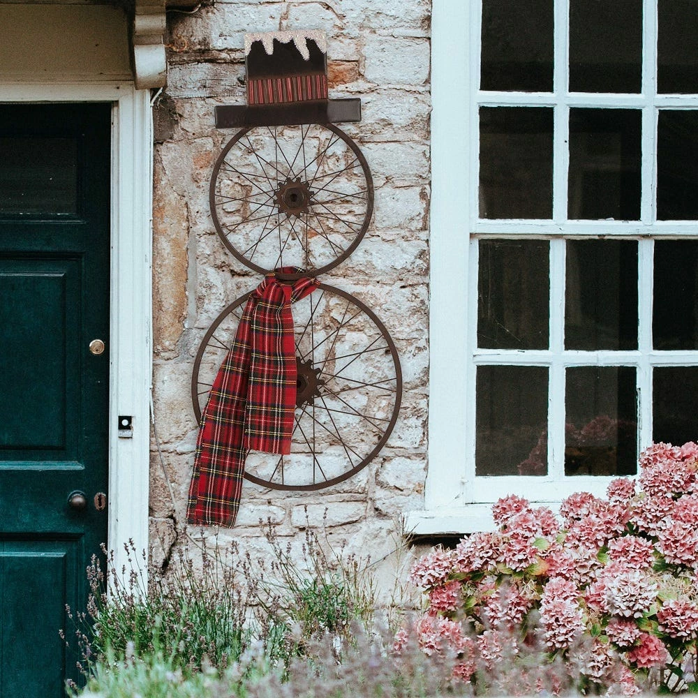 Glitzhome Metal Bike Wheel Snowman with Plaid Scarf Yard Stake or Wall Decor - 1103202625 - Yard Decor 7 Glitzhome Metal Bike Wheel Snowman with Plaid Scarf Yard Stake or Wall Decor - 1103202625 - Yard Decor - Image 5
