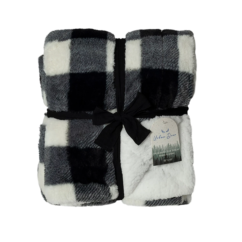 URBAN DEER Black White Buffalo Check Printed Faux Rabbit fur Reversible to White Sherpa 50 x 60 Throw - RK-RABSH-BBUF - Blankets & Bedspreads 3 URBAN DEER Black White Buffalo Check Printed Faux Rabbit fur Reversible to White Sherpa 50 x 60 Throw - RK-RABSH-BBUF - Blankets & Bedspreads